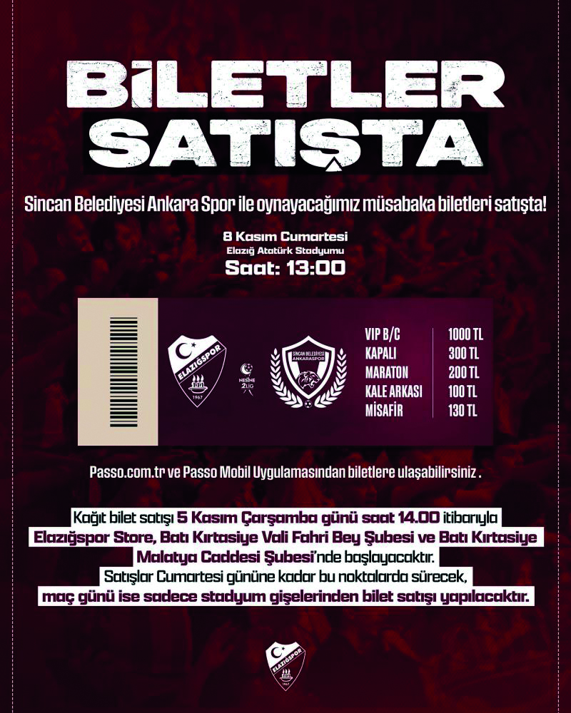 Elazığspor-Ankaraspor maçı biletleri satışta