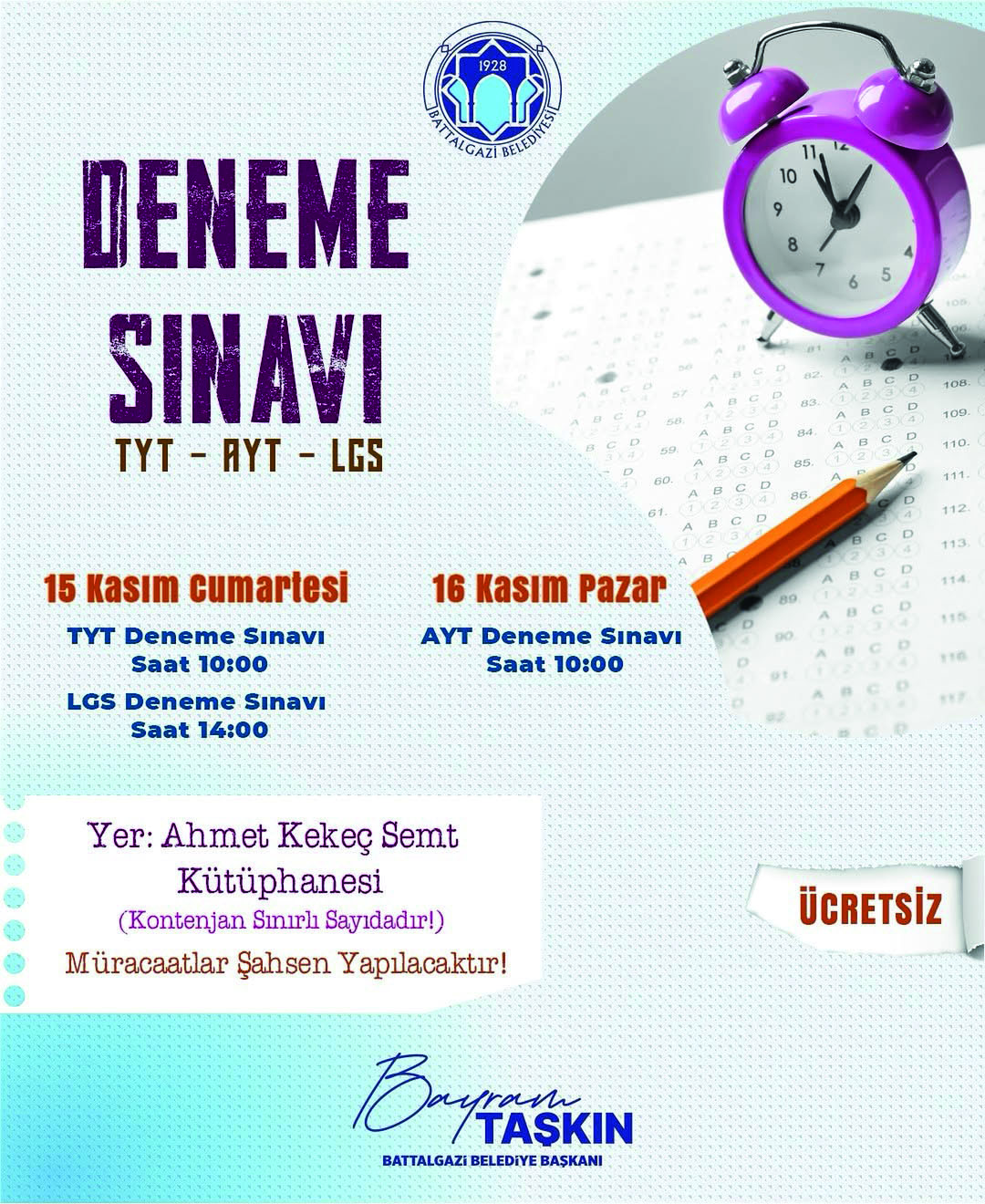 Battalgazi Belediyesi’nden öğrencilere ücretsiz deneme sınavı fırsatı
