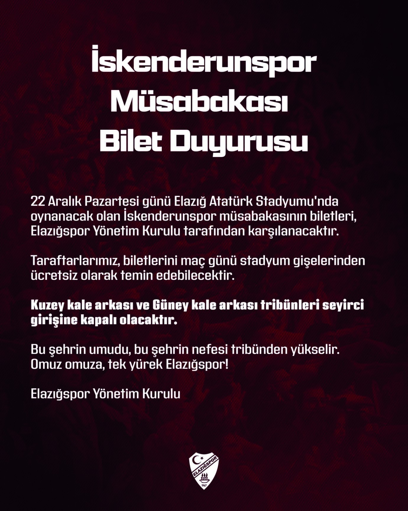 Elazığspor, İskenderunspor maçının biletlerini ücretsiz dağıtacak