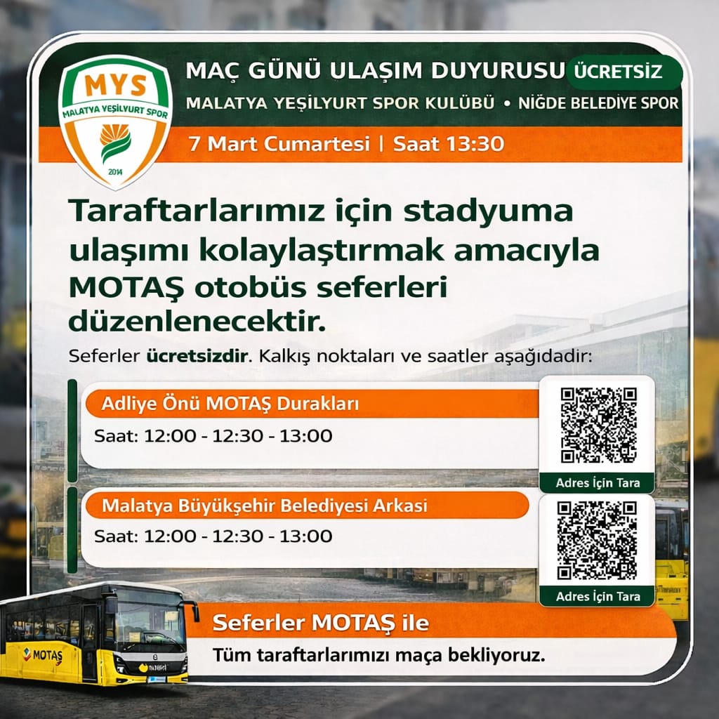 Yeşilyurtspor maçına ücretsiz seferler düzenlenecek